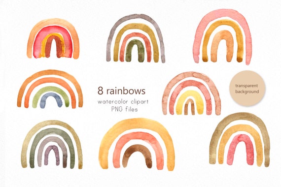 Boho Rainbows Handpainted Colorful Rainbows in warm browns 16 watercolor clipart graphics pinks and more.