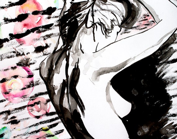 PRINT of Original Art Work Watercolor Painting Gay Male Nude /"Flower/"