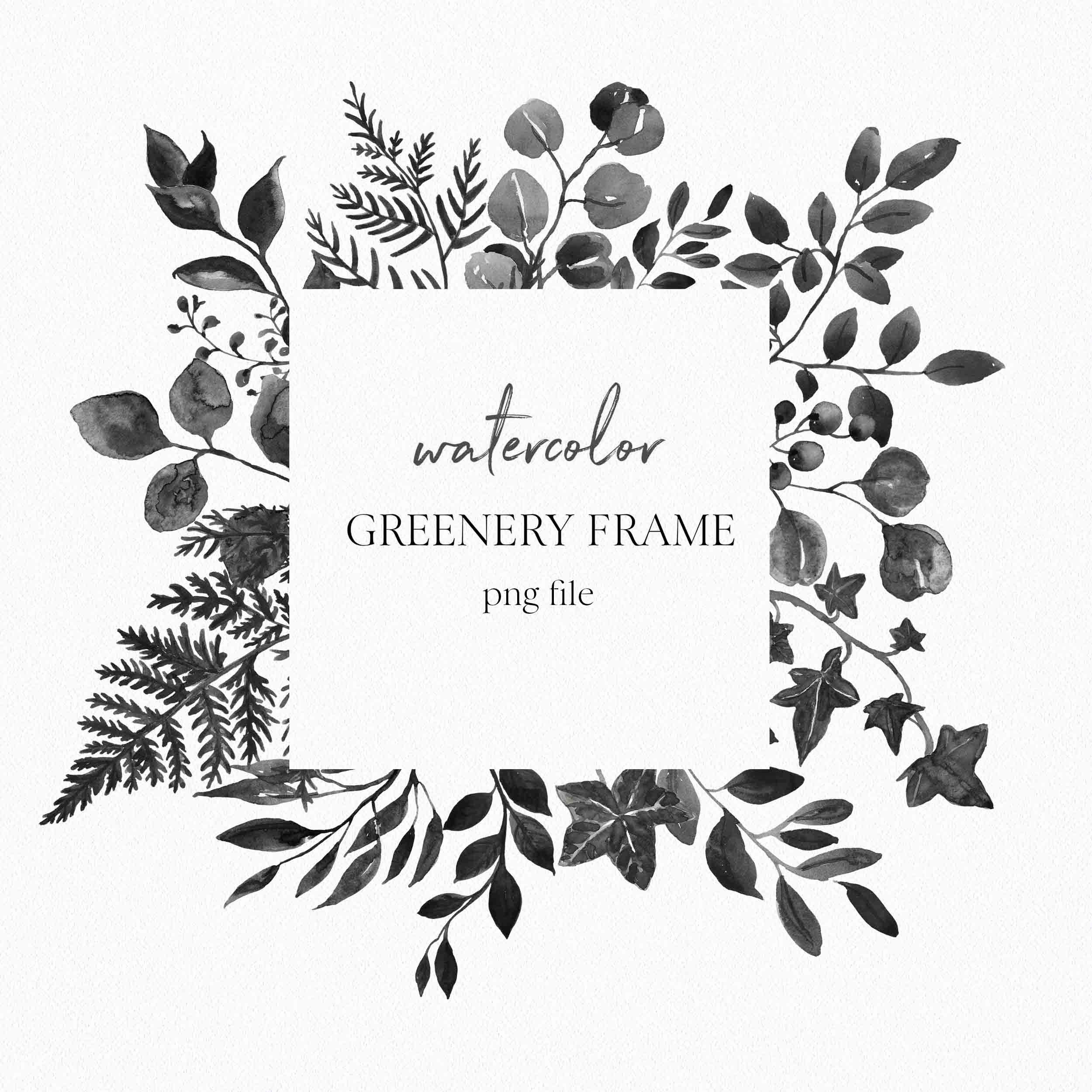 Watercolor Greenery Frame Clip art Black White Wreath Etsy