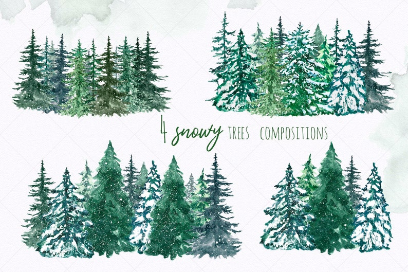 Winter Forest Clipart Pine Tree Watercolor Snowy Trees clip | Etsy