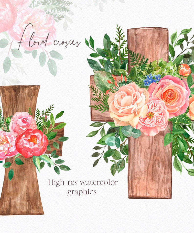 Cross Clipart Watercolor Floral Crosses Clip Art Pink Rose Etsy