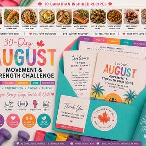 May include: A 30-day August movement and strength challenge kit featuring a teal envelope containing a progress tracker, welcome card, and thank you note. Includes a recipe guide with 10 meals, a teal water bottle, and various fitness icons.