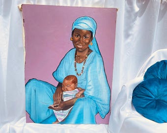 Mutter und Kind ~ Großes Original ghanaisches Ölgemälde aus Privatsammlung