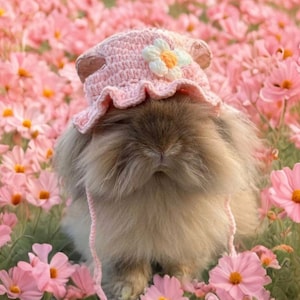 Flower Power Knitted Hat for bunnies, rabbits, cats, dogs, ferrets, small pets. Summer, spring, sun hat, pink