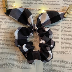 Flannel Scrunchie with bunny ears. Hair tie. Plaid. Christmas. Match. Hair care. Black&white