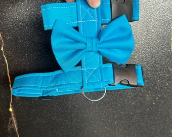 May include: A turquoise blue dog harness with a matching bow tie. The harness has two adjustable straps and a metal D-ring for leash attachment.