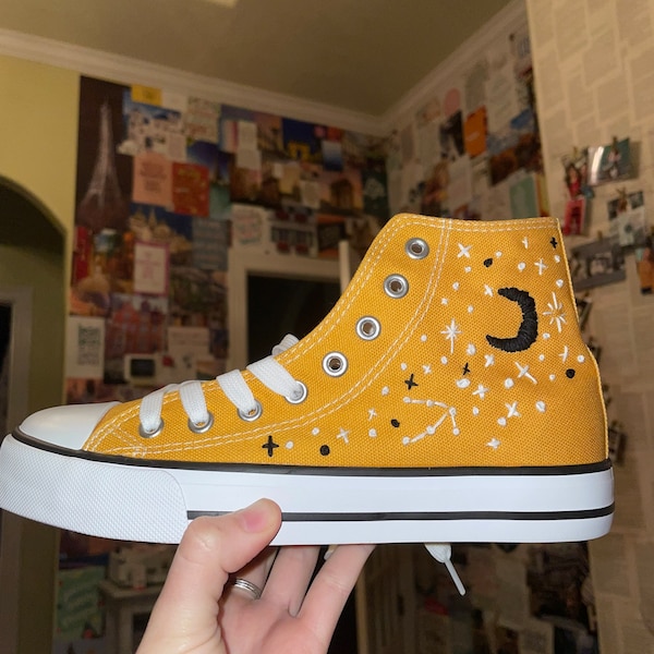 Hand embroidered High tops shoes. Chucks. Mustard yellow. Space. Stars. Moon. Constellations.