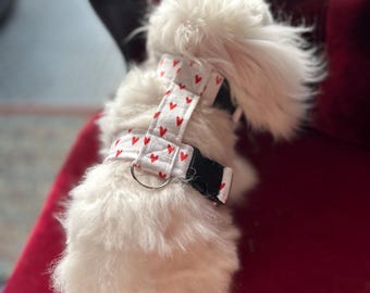 以下が含まれることがあります： 赤いハート柄のハーネスをつけた白い犬。黒いバックルと銀色のリングが付いている。