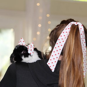 MATCHING SET/ Love&quot; Pet bow and Human Hair tie Ribbon for rabbits, cats, Bunny & small pets. Valentines day