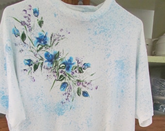Vintage 90's Camiseta azul única floral salpicada Camiseta Sz Lg flores pintadas únicas