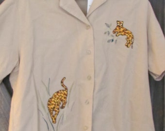 Women/'s Leopard print floral button down ladies 14 White Stag Retro blouse cropped 90/'s