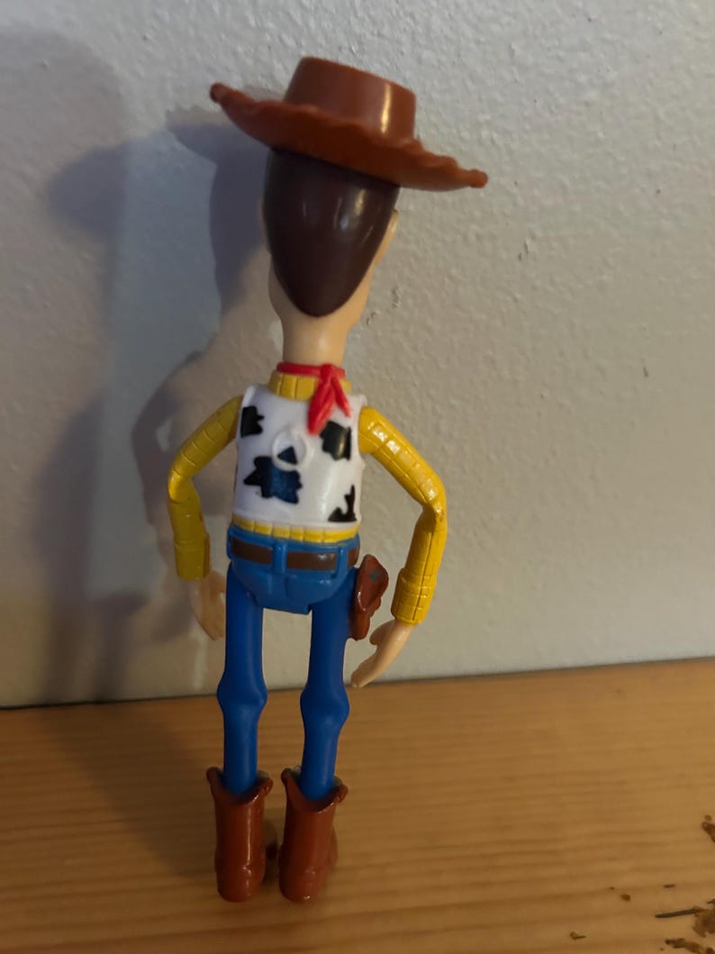 May include: A Woody action figure, viewed from the back, wearing a brown cowboy hat, a white vest with black cow spots, a yellow shirt, blue jeans, and brown boots. A red scarf is around the neck. A toy gun is in a holster.