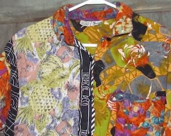 Vintage 80's abstract bright pattern Rayon Men's Thumbs Up button down shirt RARE 90's
