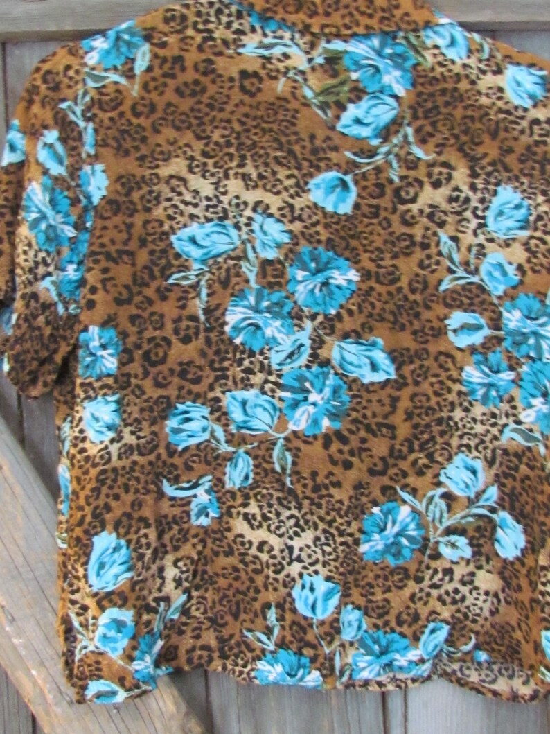 Women/'s Leopard print floral button down ladies 14 White Stag Retro blouse cropped 90/'s
