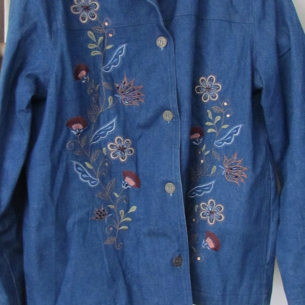 ALFRED DUNNER Blue Denim Floral Embroidered & Beaded Jacket coat button down Lg
