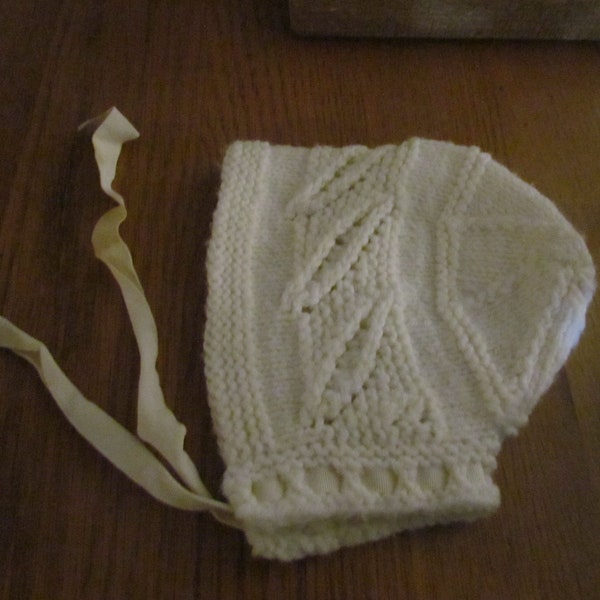 Vintage white Lace & satin knit Baby doll hat bonnet tie straps hand made newborn