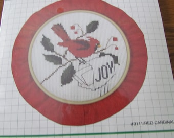 NEW in package Vintage DMC Red Cardinal #3111 counted cross stitch kit framing hoop 1984 5" JOY