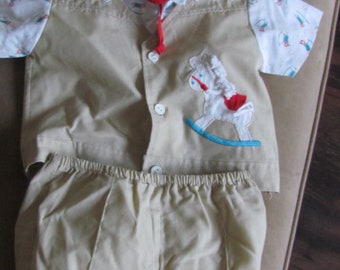 Vintage Baby boy 2 piece set Top & shorts kahki rocking horse 80's summer set d