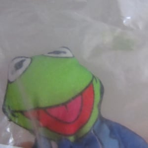 May include: A plush Kermit the Frog toy, featuring a green face, white eyes, and a red mouth. The frog is wearing a blue outfit. The toy is inside a clear plastic bag.