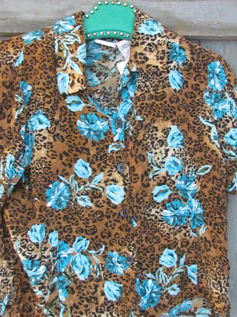 Women/'s Leopard print floral button down ladies 14 White Stag Retro blouse cropped 90/'s