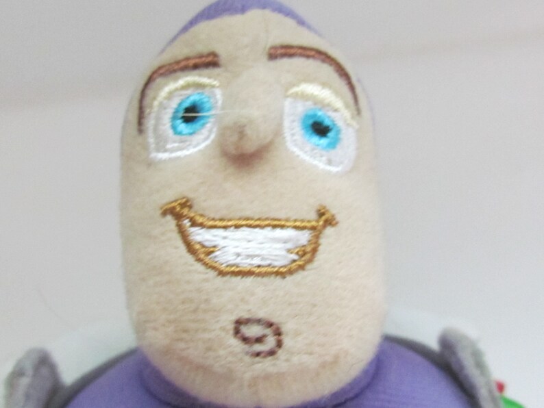 May include: Close-up of a plush toy's face. The toy has a purple hat, brown eyebrows, white eyes with blue pupils, a white smile with a gold outline, and a brown nose.