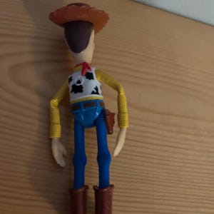 May include: A Woody action figure, featuring a brown cowboy hat, a white vest with a black and white cow pattern, a red neckerchief, yellow sleeves, blue pants, and brown boots. A toy gun is in a holster on the right side.