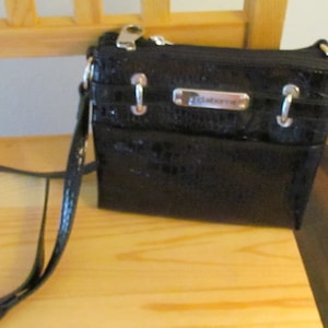 Vintage Liz Claiborne Black Faux Patent Leather Embossed Handbag Purse Crossbody built in wallet 80&#39;s
