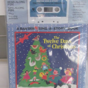 May include: A Bantam Sing-A-Story book and cassette set titled The Twelve Days of Christmas. The package includes a white cassette tape and a book featuring a green Christmas tree decorated with birds and figures, with two children singing in front.
