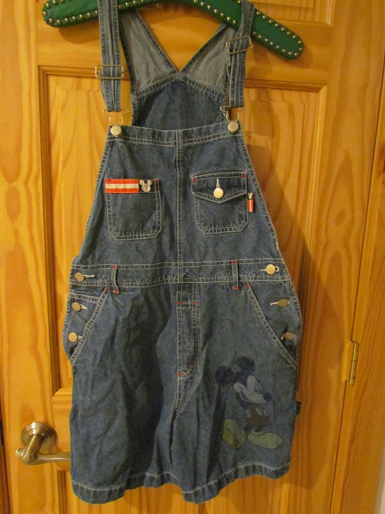 Vintage Women/'s shortalls denim jean short bibs Mickey Unlimited Disney Small 90/'s oversized