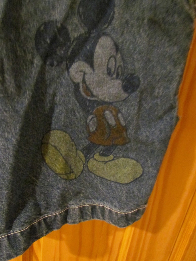 Vintage Women/'s shortalls denim jean short bibs Mickey Unlimited Disney Small 90/'s oversized