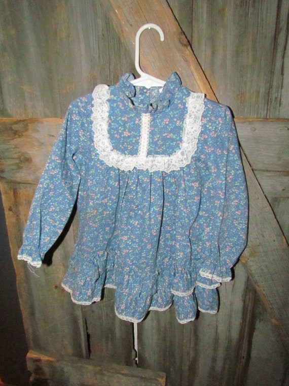 Vintage Girl's 4T lace trim Dress Blue Floral Cali