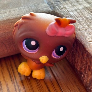 May include: A brown owl figurine with large black eyes, purple accents, and a yellow beak and feet. The owl has a pink bow on its head. The toy is made of plastic and is on a wooden surface.