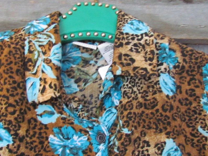 Women/'s Leopard print floral button down ladies 14 White Stag Retro blouse cropped 90/'s