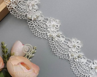 White Floral Pearl Lace Edging Trim Ribbon, Trimmings,slow stitching,journal Fabric,Flower,Embroidered Applique DIY Sewing