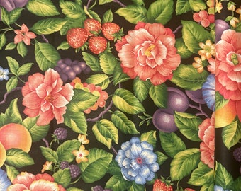 Vintage Floral, Strawberries & Peaches, 100% Cotton Fabric. VIP Cranston Print Works. Vibrant florals, BTY