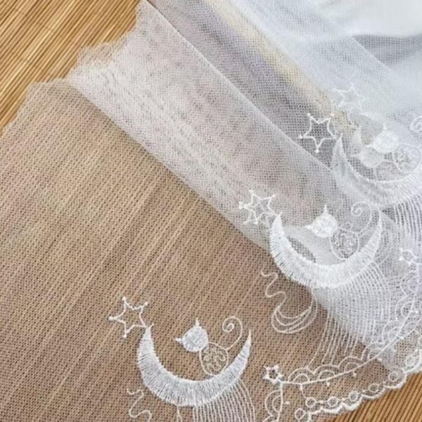 Adorno de encaje con temática de gato blanco, gato bordado y luna, blanco, divertido, Halloween, diario, confección de vestidos, muñecas, decoración del hogar, costura.