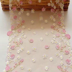 Spring, Pink Strawberry Embroidered Tulle Lace Trimmings, Dress, Laces,Sewing
