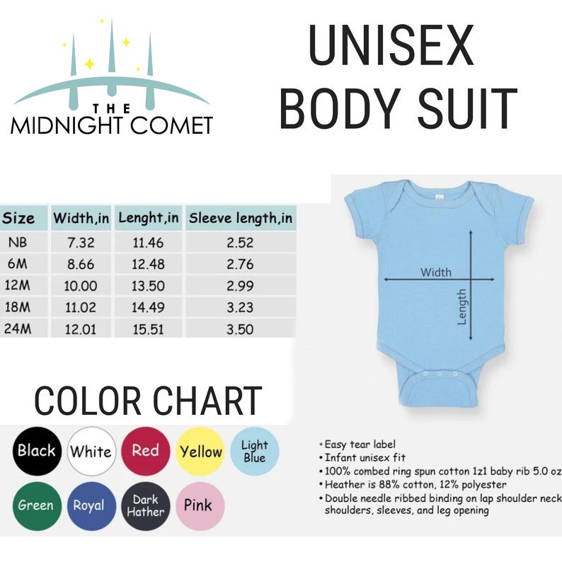 May include: A light blue unisex baby bodysuit with measurements and a color chart. The bodysuit has short sleeves and a lap shoulder neckline. The color chart includes black, white, red, yellow, light blue, green, royal, dark heather, and pink.