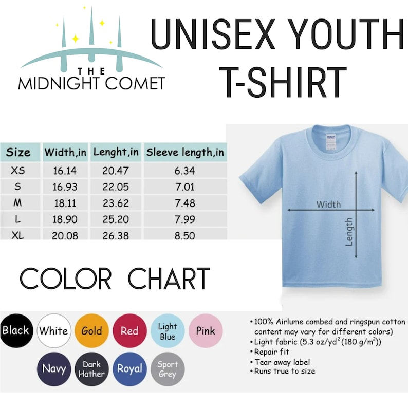 May include: Light blue unisex youth t-shirt with size and color charts. The shirt's dimensions are provided in inches, with widths ranging from 16.14 to 20.08 inches and lengths from 20.47 to 26.38 inches. Available in various colors.