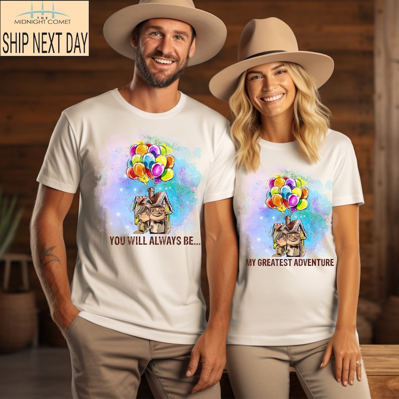 Disney Pixar Up Carl And Ellie Couple Shirt, You Are Always Be My Greatest Adventure Up House Balloons, His Ellie Her Carl Honeymoon Shirt image 3
