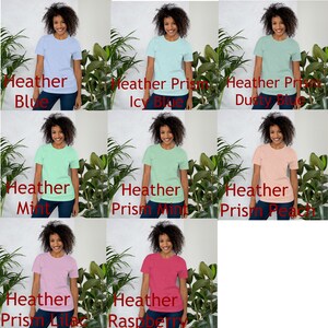 May include: Nine different colored t-shirts, all with a heather texture. The colors are blue, icy blue, dusty blue, mint, prism mint, prism peach, prism lilac, and raspberry.