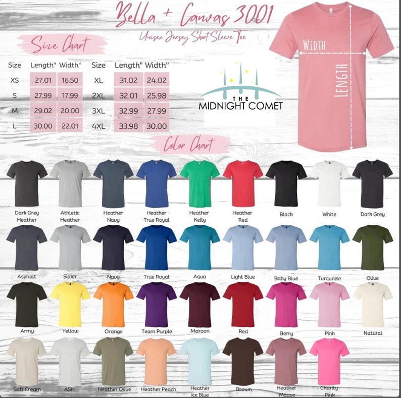 May include: Size chart and color chart for Bella + Canvas 3001 unisex jersey short sleeve t-shirts. The chart shows the measurements in inches for sizes XS to 4XL and a variety of colors including heather grey, navy, kelly green, red, black, white, asphalt, silver, aqua, light blue, baby blue, turquoise, olive, army, yellow, orange, team purple, maroon, berry, pink, natural, soft cream, ash, heather olive, heather peach, ice blue, brown, heather mauve, and charity pink.