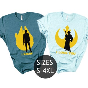 May include: Two t-shirts with a Star Wars theme. The blue shirt features a silhouette of Han Solo in front of the Millennium Falcon with the text "I know". The light blue shirt features a silhouette of Princess Leia in front of the Rebel Alliance symbol with the text "I love you". The shirts are available in sizes S-4XL.