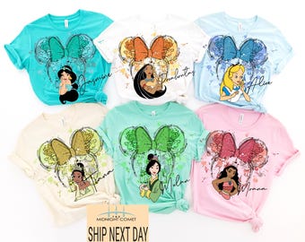 Camiseta de Princesas Disney, Camiseta de cumpleaños de Princesas Disney, Camiseta de Princesas Disney en acuarela, Camisetas a juego de princesas, Tiana, Ariel, Campanilla