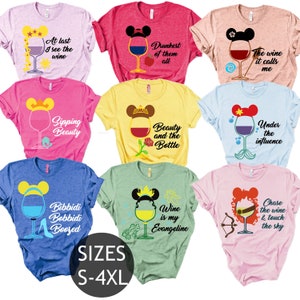 May include: Set of nine colorful t-shirts featuring Disney princesses with wine glasses and witty sayings. The shirts are available in sizes S-4XL.