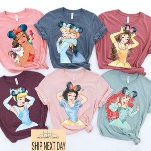 ディズニープリンセスシャツ、ディズニーキャラクターシャツ、ディズニー旅行シャツ、ディズニーシンデレラ、ベル、ティアナ、ディズニーグループシャツ