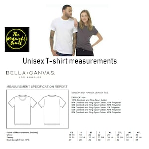 May include: A measurement chart for unisex t-shirts, showing the different sizes and measurements in inches. The chart includes the chest, sweep, and body length from the high point of shoulder measurements for sizes XS, S, M, L, XL, 2XL, 3XL, and 4XL.