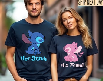 Camisetas de pareja de Stitch, camisetas de pareja de Stitch y ángel, camiseta de Stitch para ella, camiseta de ángel para él, regalo para ella, regalo para él, regalo para ella