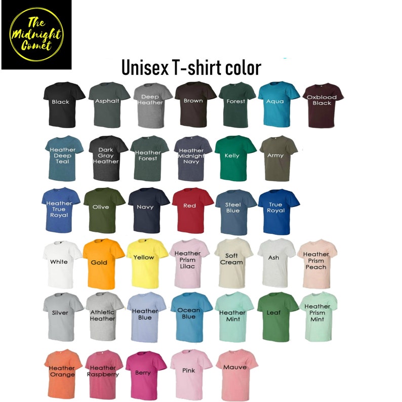 Puede incluir: Un gr&aacute;fico que muestra 36 colores de camisetas unisex diferentes. Los colores est&aacute;n dispuestos en filas y columnas, con cada color representado por una peque&ntilde;a imagen de una camiseta. Los colores incluyen negro, blanco, rojo, azul, verde, amarillo, naranja, morado, rosa, marr&oacute;n, gris y m&aacute;s.