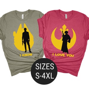 Te amo, sé camisas de Star Wars, camisa de Star Wars, camisas de Disney, pareja de Star Wars a juego, camisas de Sr. y Sra., Han solo, Princesa Leia